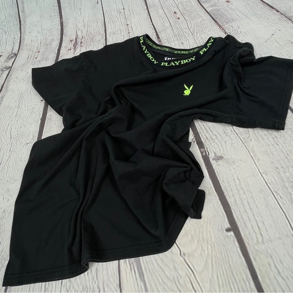 PLAYBOY by PACSUN black cotton t-shirt with neon green trim and logo, size L - Picture 8 of 12
